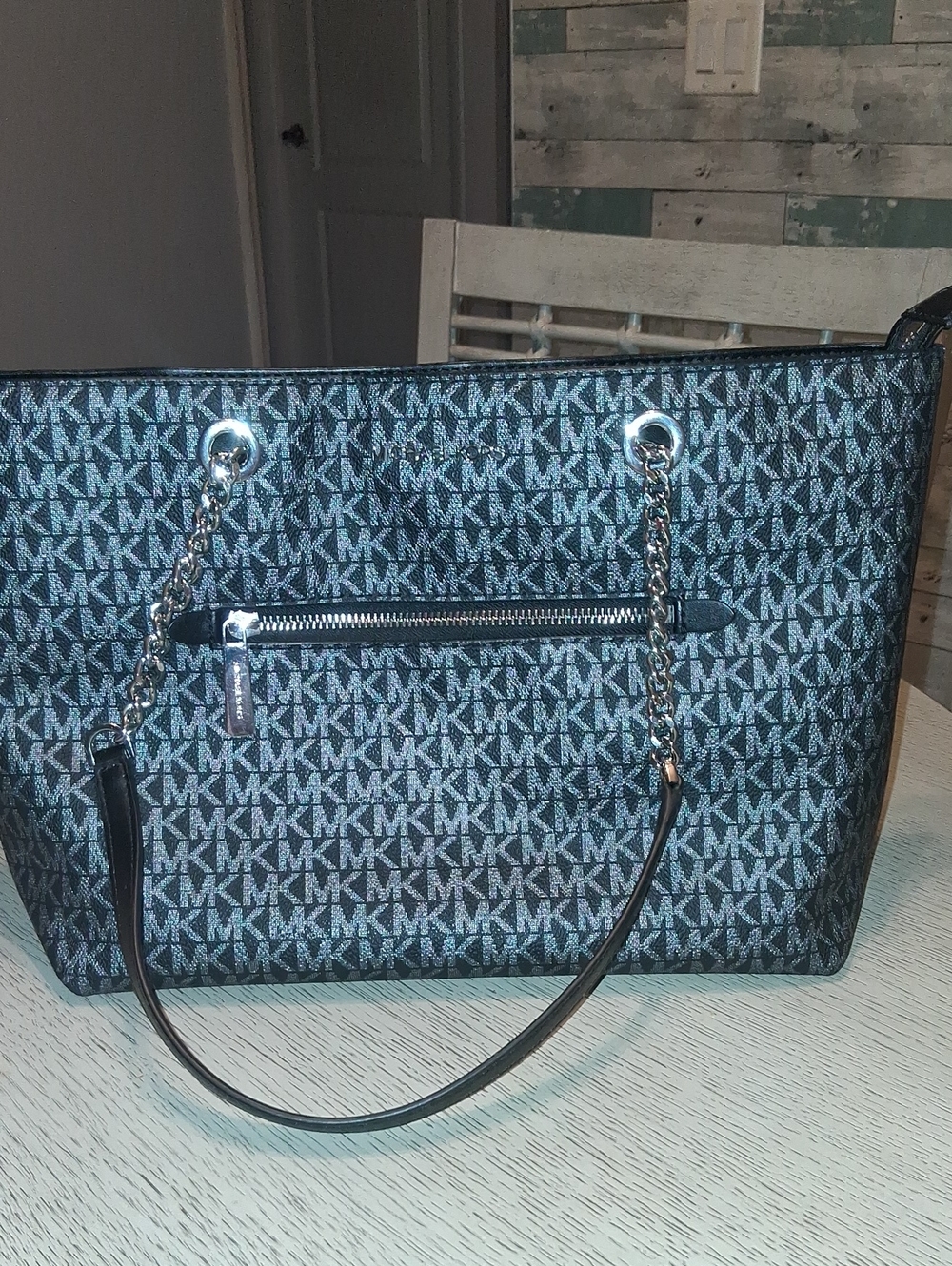 Michael Kors Black MK Logo Chain-Accent Tote 10x14x5 Approx. Measurements
